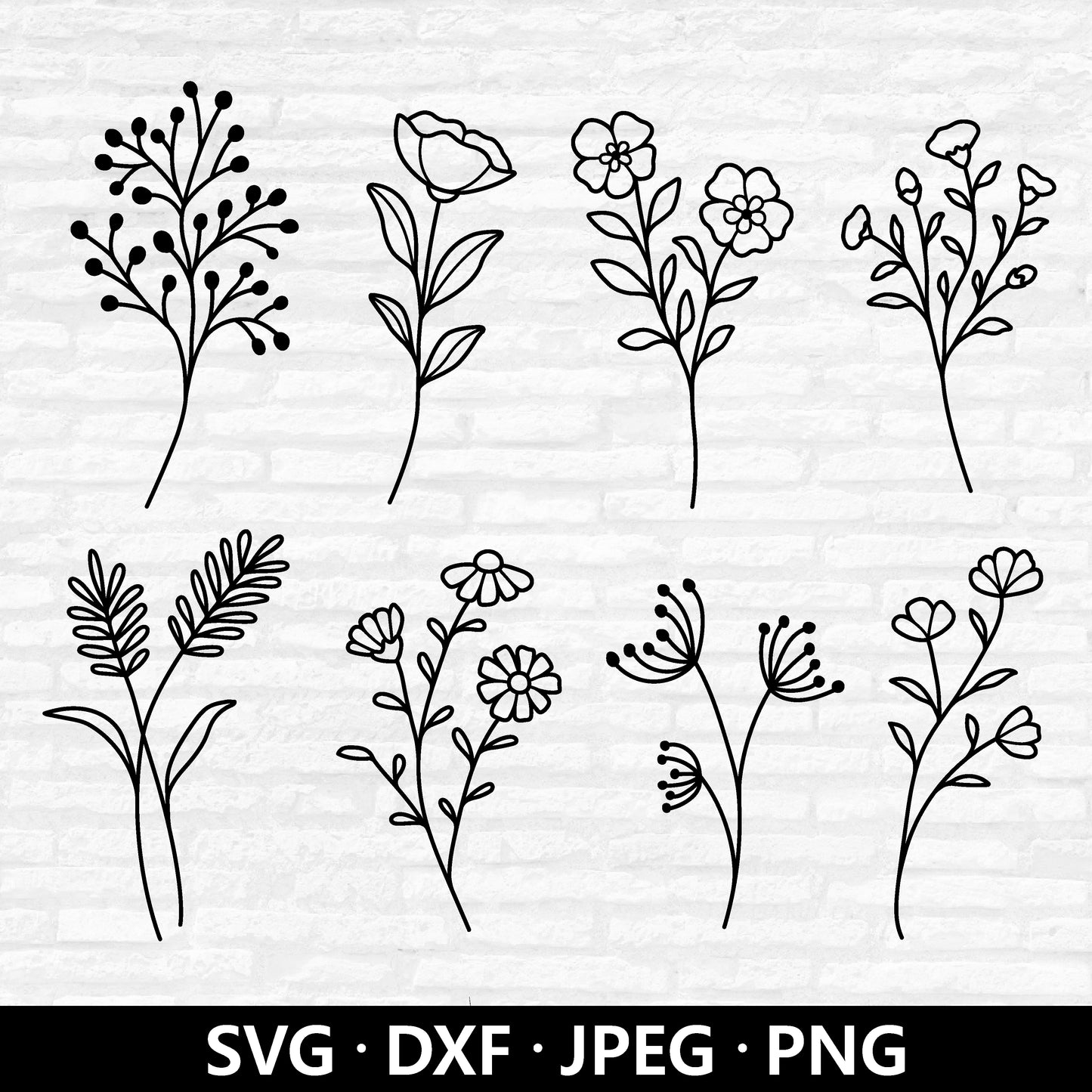 WildFlower Svg, Flower Svg Bundle, Floral Clipart, Botanical Vector, Wild flowers PNG, Flower Bouquet Outline Cut files Digital Download