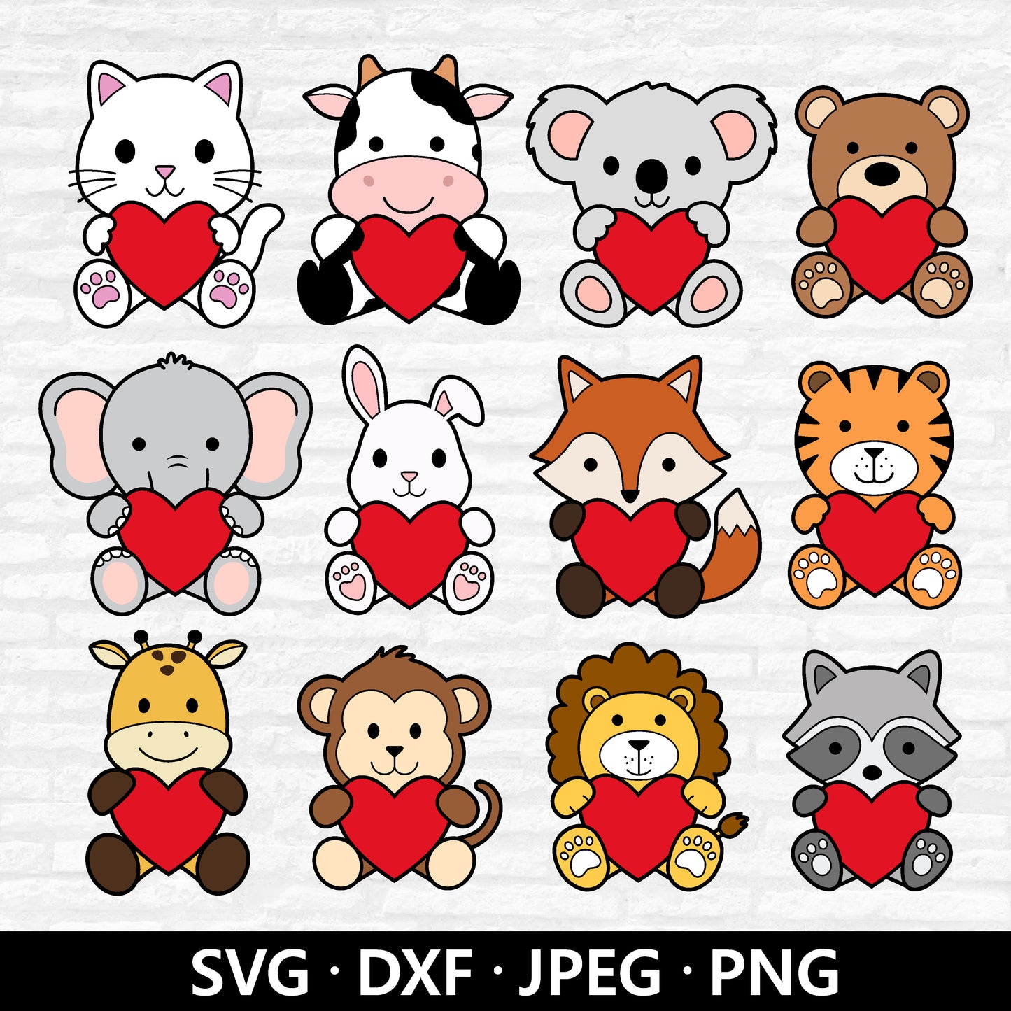 Valentine Animals SVG Bundle, Cute animal with Heart Vector, Kids Baby Birthday Shirt PNG, Valentine day Ornament Cut files Digital Download