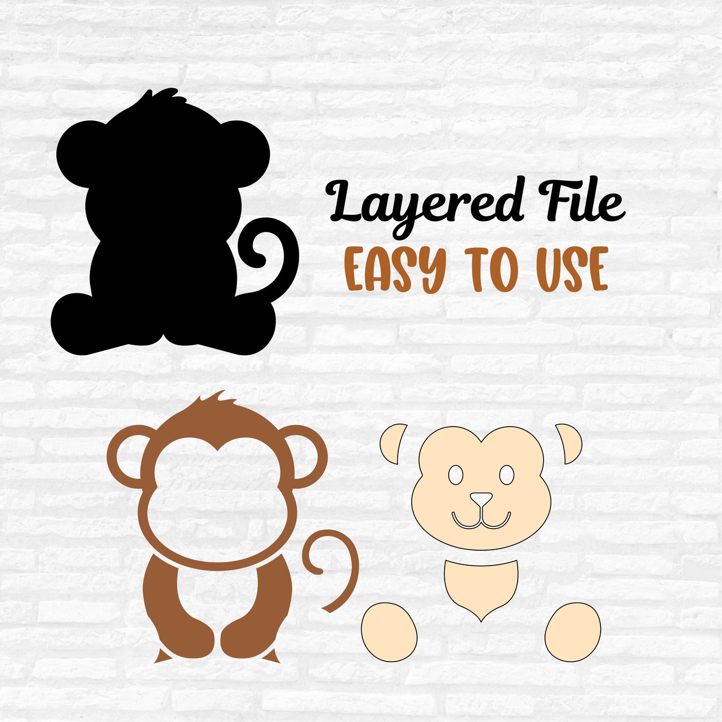 Cute Baby Monkey SVG, Monkey layered files, Monkey Clipart, Jungle animals Dxf, Baby Monkey Outline PNG, Monkey cut files Digital Download