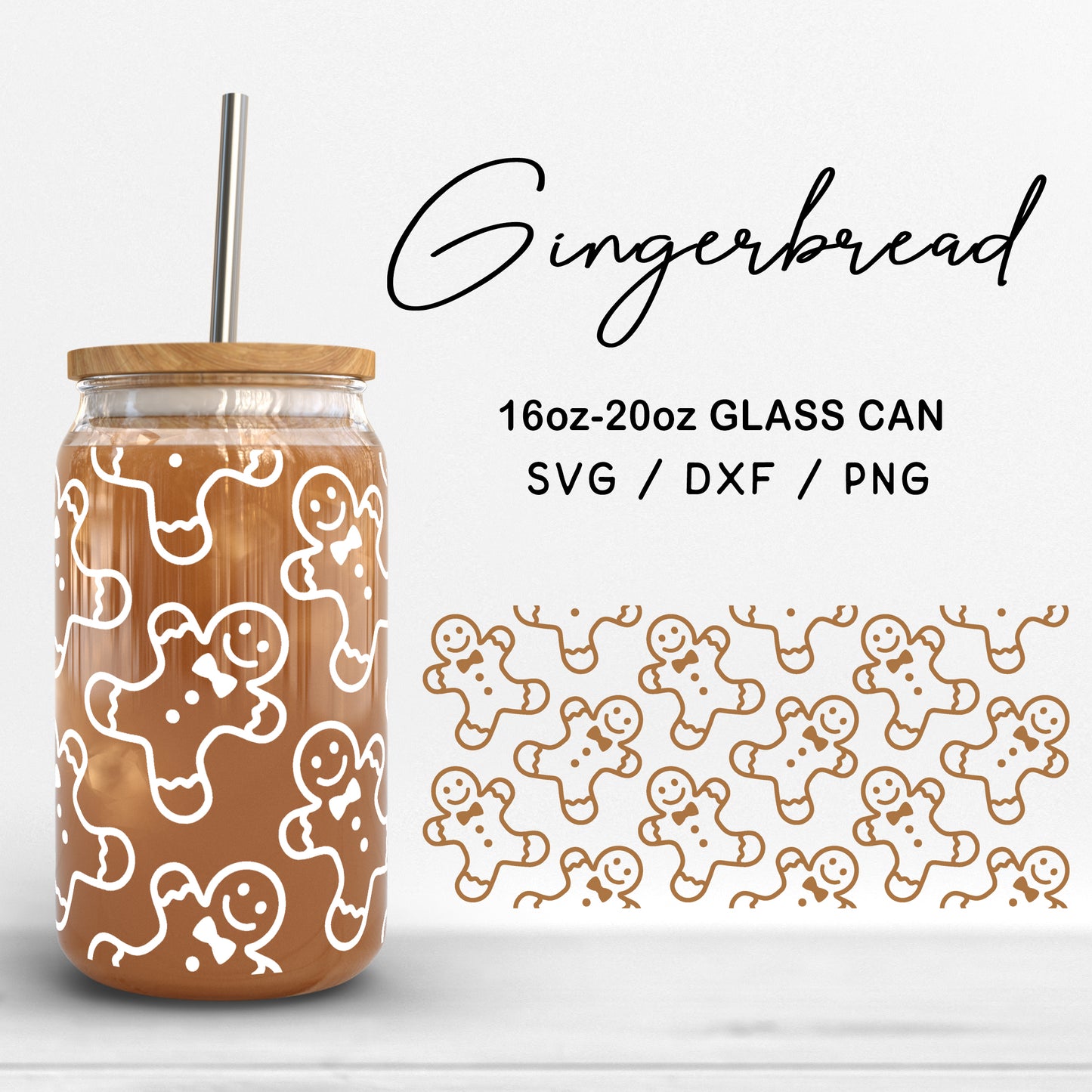 Glass 16oz | 20oz Gingerbread Svg Files, Christmas cookies Print Can Glass Wrap SVG, Cute Gingerbread Pattern Cut files Digital Download