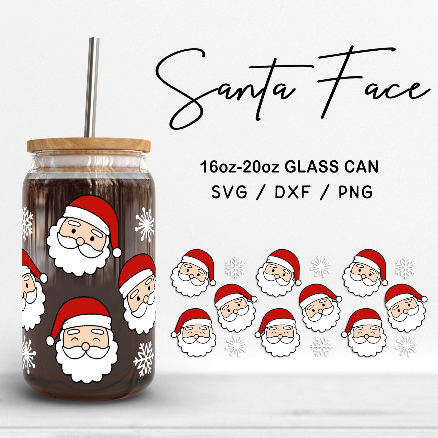 Glass 16oz | 20oz Santa Face Svg Files, Christmas Can Glass Wrap, Cute Santa Svg, Xmas Glass SVG, Santa Claus Cut files Digital Download