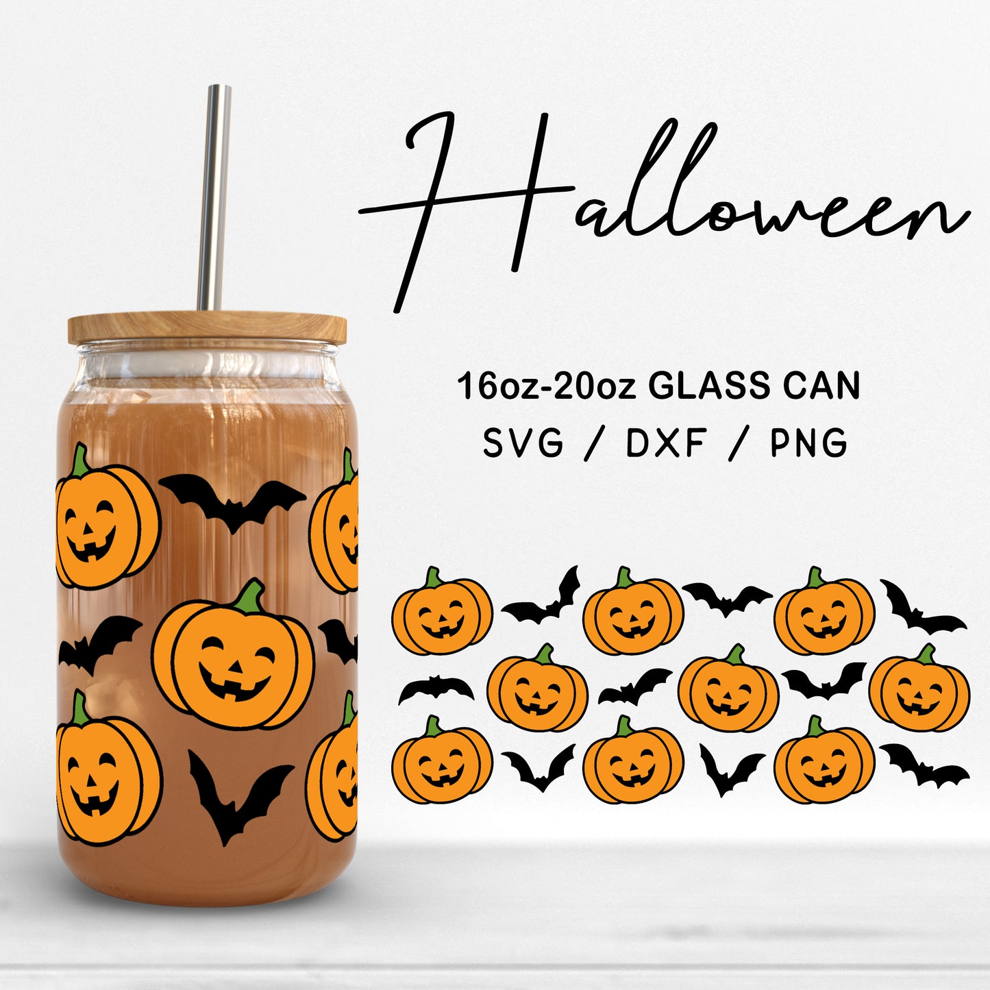 Glass 16oz | 20oz Halloween SVG Files, Pumpkin Face Can Glass Wrap, Halloween Bats Clipart, Spooky Pattern Glass Cut files Digital Download