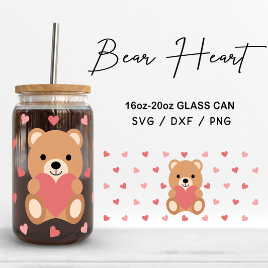 Glass 16oz | 20oz Bear Heart Svg Files, Cute Bear Print Svg, Hearts Pattern Svg, Valentines Day Bear with Heart Cut Files Digital Download