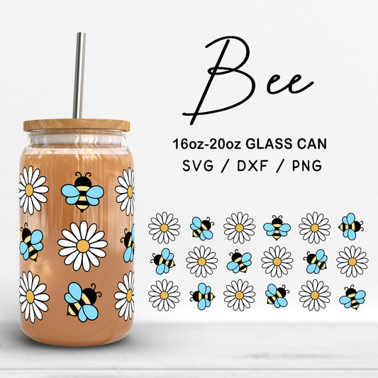 Glass 16oz | 20oz Bee Svg Files, Daisy Flower Glass Svg, Bee Clipart, Bee Flower Pattern SVG, Bee Glass can Wrap Cut Files Digital Download