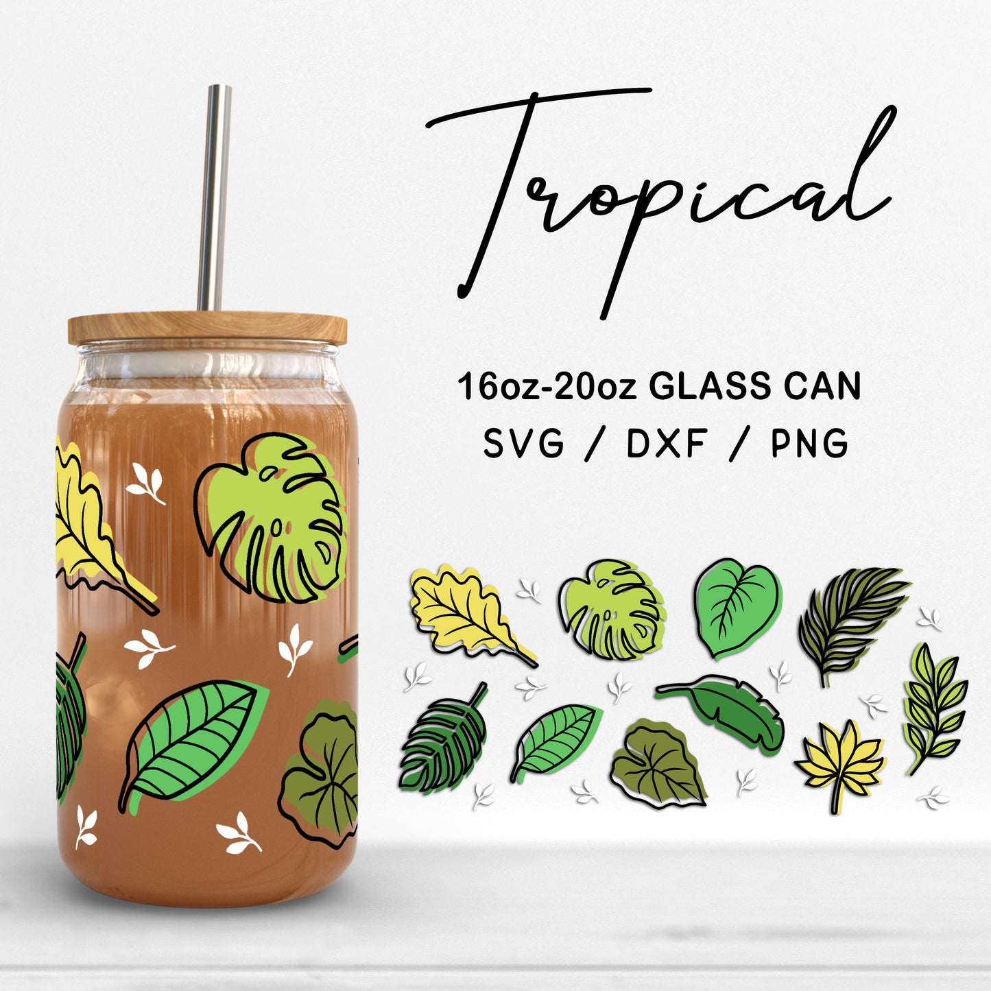 Glass 16oz | 20oz Tropical Svg Files, Monstera Glass Wrap Svg, Botanical Tumbler SVG, Tropical Leaf Pattern glass cut files Digital Download