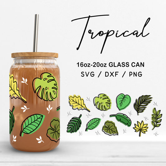 Glass 16oz | 20oz Tropical Svg Files, Monstera Glass Wrap Svg, Botanical Tumbler SVG, Tropical Leaf Pattern glass cut files Digital Download