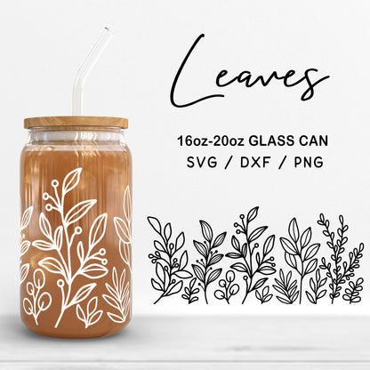 Glass 16oz | 20oz Leaves Svg Files, Line Leaf Pattern Glass Can Wrap, Botanical Clipart, Leaf Print Svg Cut files Digital Download