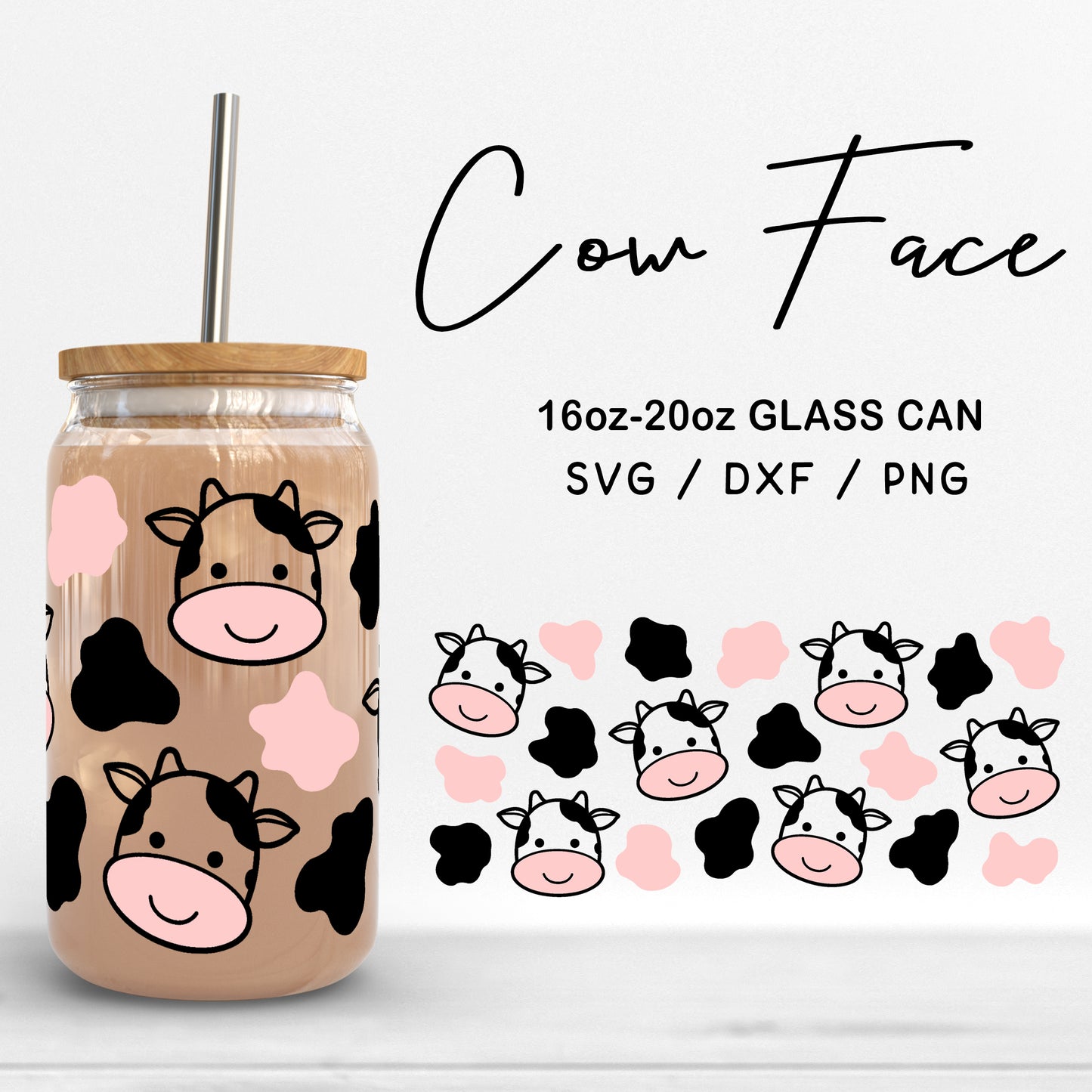 Glass 16oz | 20oz Cow Face Svg, Cute Cow Cut files, Animal Print Svg, Baby cow Digital Files For Cutting Machine Digital Download