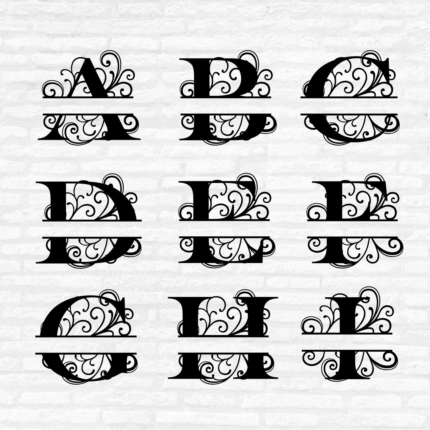 Split Monogram SVG, Alphabet Letters Dxf, Alphabets with Swirls Monogram PNG file, 26 Individual Capital Alphabet Cut files Digital Download