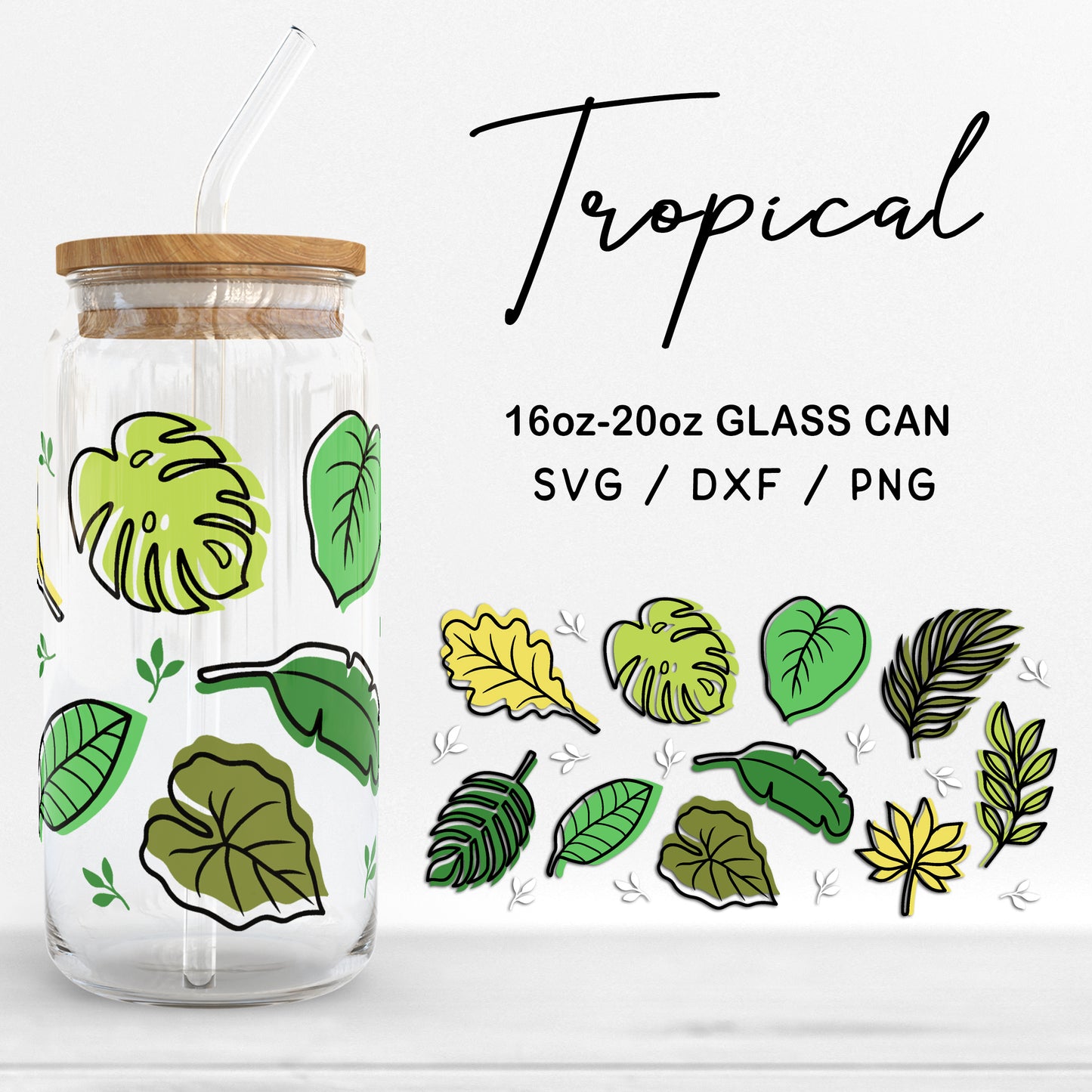 Glass 16oz | 20oz Tropical Svg Files, Monstera Glass Wrap Svg, Botanical Tumbler SVG, Tropical Leaf Pattern glass cut files Digital Download