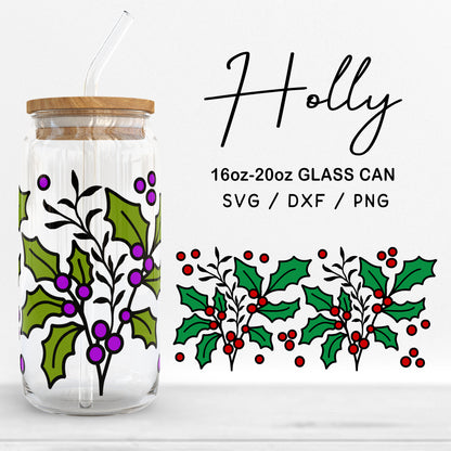 Glass 16oz | 20oz Christmas Holly Svg Files, Winter Plants Print Can Glass Wrap, Holly Leaves Pattern Glass Cut Files Digital Download