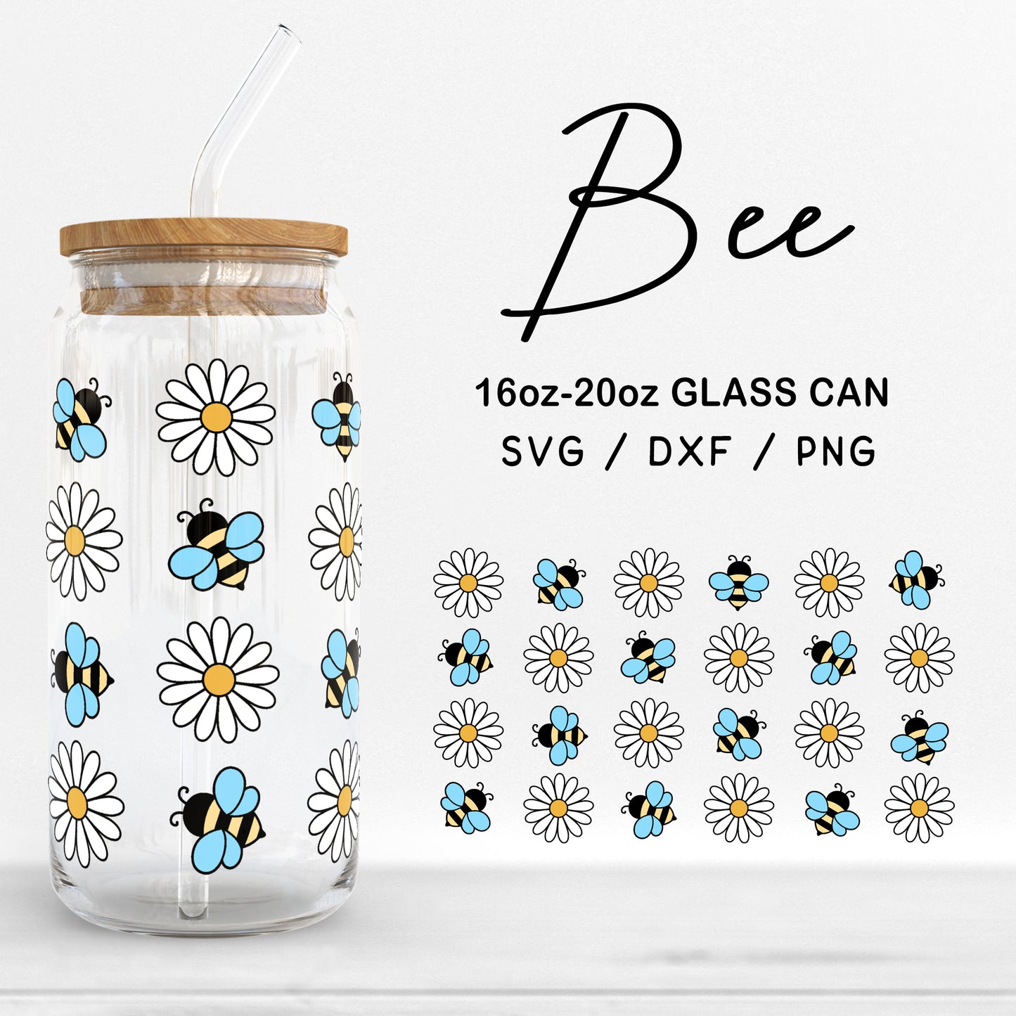 Glass 16oz | 20oz Bee Svg Files, Daisy Flower Glass Svg, Bee Clipart, Bee Flower Pattern SVG, Bee Glass can Wrap Cut Files Digital Download