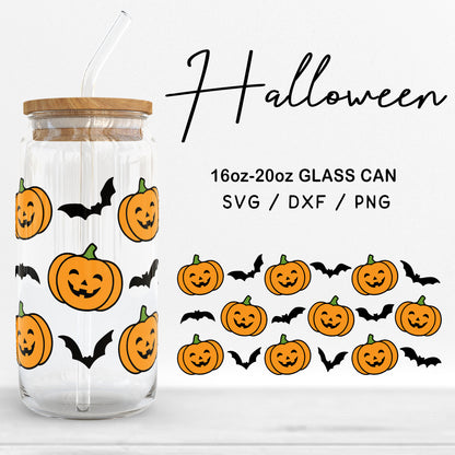 Glass 16oz | 20oz Halloween SVG Files, Pumpkin Face Can Glass Wrap, Halloween Bats Clipart, Spooky Pattern Glass Cut files Digital Download