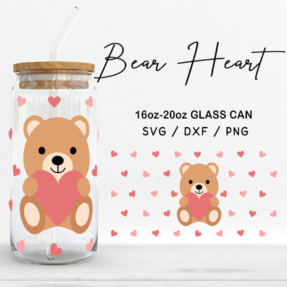 Glass 16oz | 20oz Bear Heart Svg Files, Cute Bear Print Svg, Hearts Pattern Svg, Valentines Day Bear with Heart Cut Files Digital Download