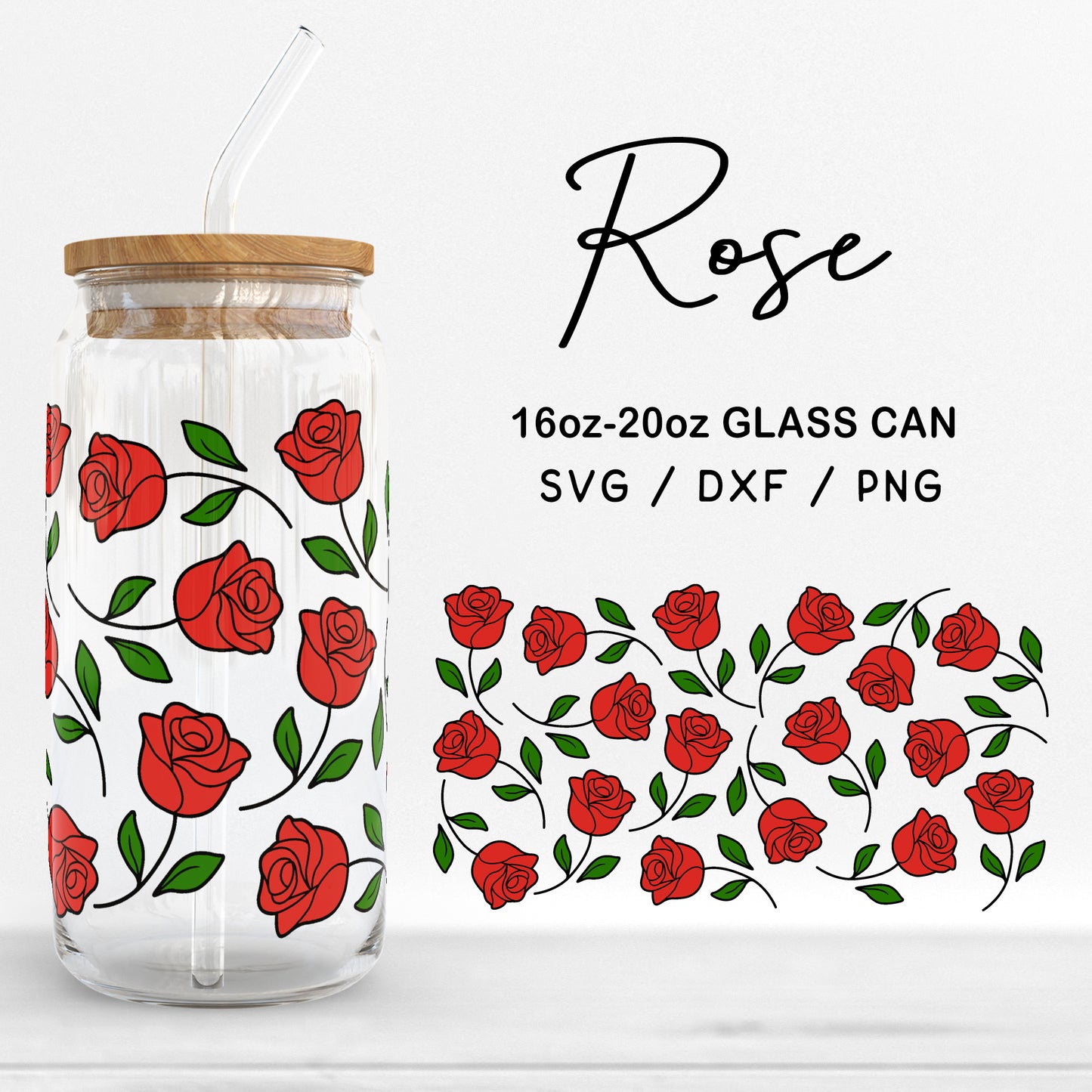 Glass 16oz | 20oz Rose Svg Files, Rose Glass Wrap Cut Files, Floral Clipart, Rose Print DXF, Rose Flower Pattern SVG Digital Download