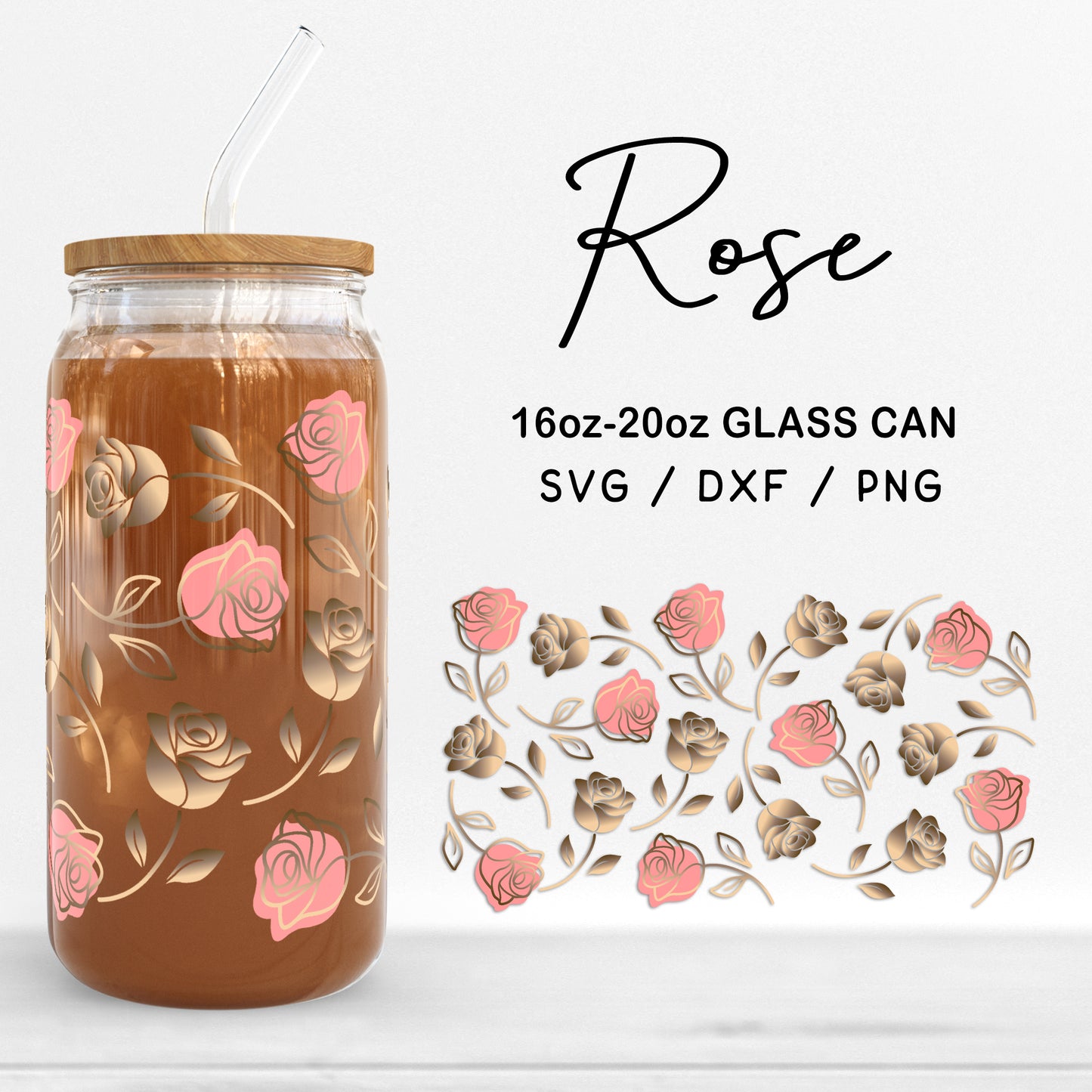 Glass 16oz | 20oz Rose Svg Files, Rose Glass Wrap Cut Files, Floral Clipart, Rose Print DXF, Rose Flower Pattern SVG Digital Download