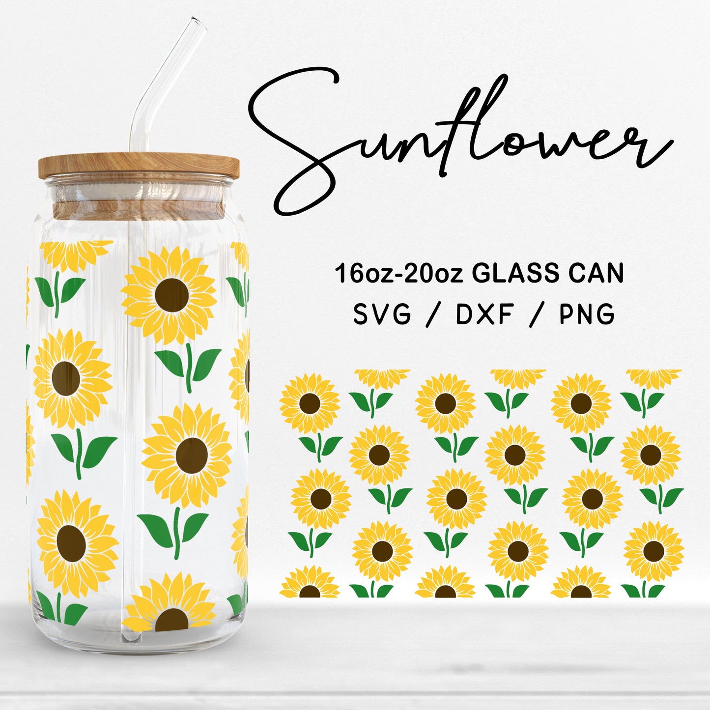 Glass 16oz | 20oz Sunflower Svg Files, Sunflower Glass Wrap, Floral Print Clipart, Sunflower Pattern Glass Cut Files Digital Download