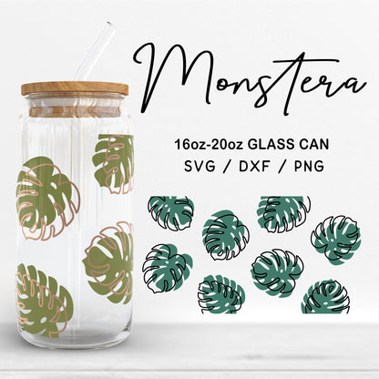 Glass 16oz | 20oz Monstera Svg Files, Tropical Svg, Botanical Clipart, Tropical Leaf Cut Files, Montera Leaves Pattern Svg Digital Download