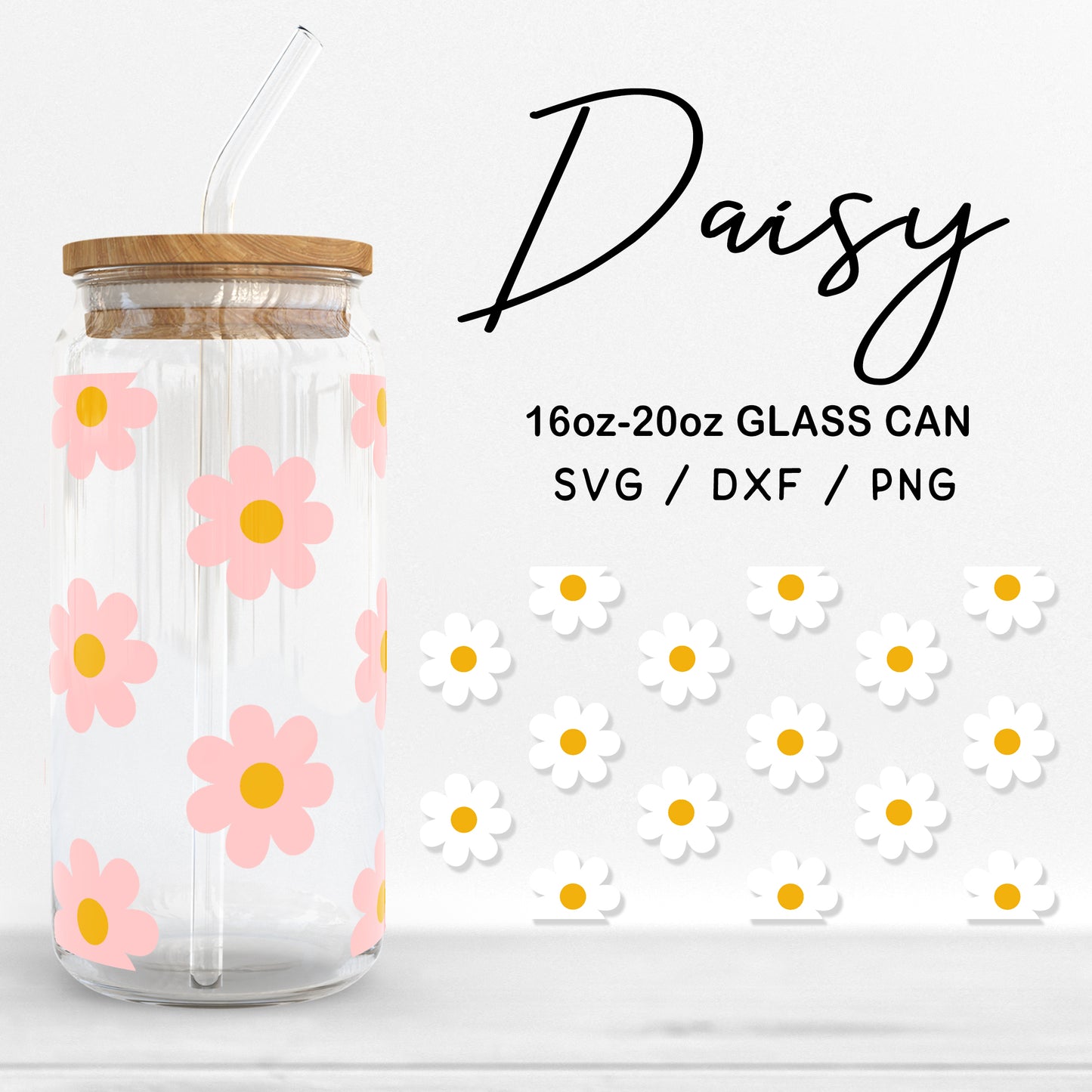 Glass 16oz | 20oz Daisy Svg Files, Daisy Glass Wrap, Floral Clipart, Flower Pattern Glass SVG, Daisy Print Glass Cut Files Digital Download