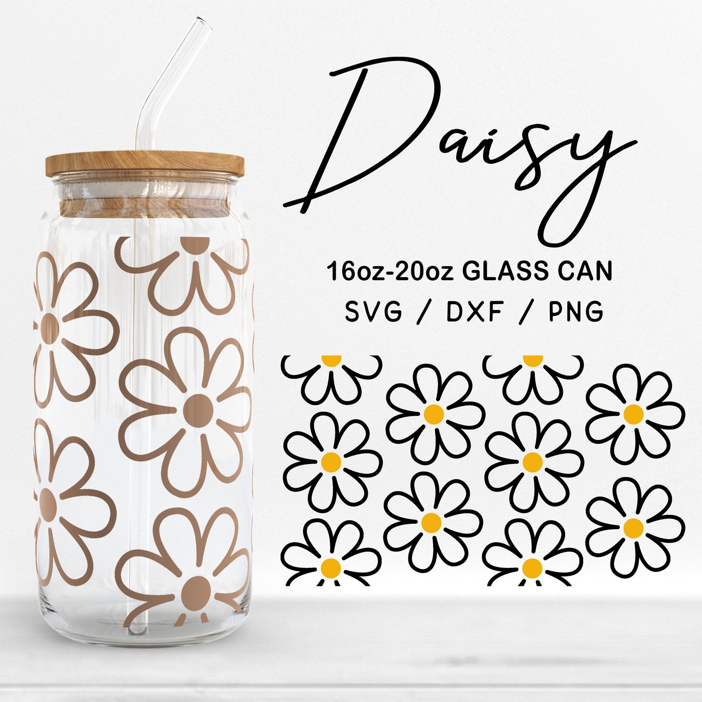 Glass 16oz | 20oz Daisy Svg Files, Daisy Glass Wrap, Floral Clipart, Flower Pattern Glass SVG, Daisy Print Glass Cut Files Digital Download