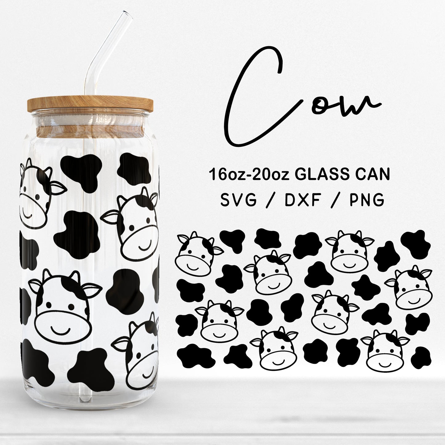 Glass 16oz | 20oz Cow Svg Files, Cow Face Clipart, Animal Print Glass Can Svg, Cute cow Pattern Glass Wrap Cut Files Digital Download