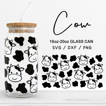 Glass 16oz | 20oz Cow Svg Files, Cow Face Clipart, Animal Print Glass Can Svg, Cute cow Pattern Glass Wrap Cut Files Digital Download