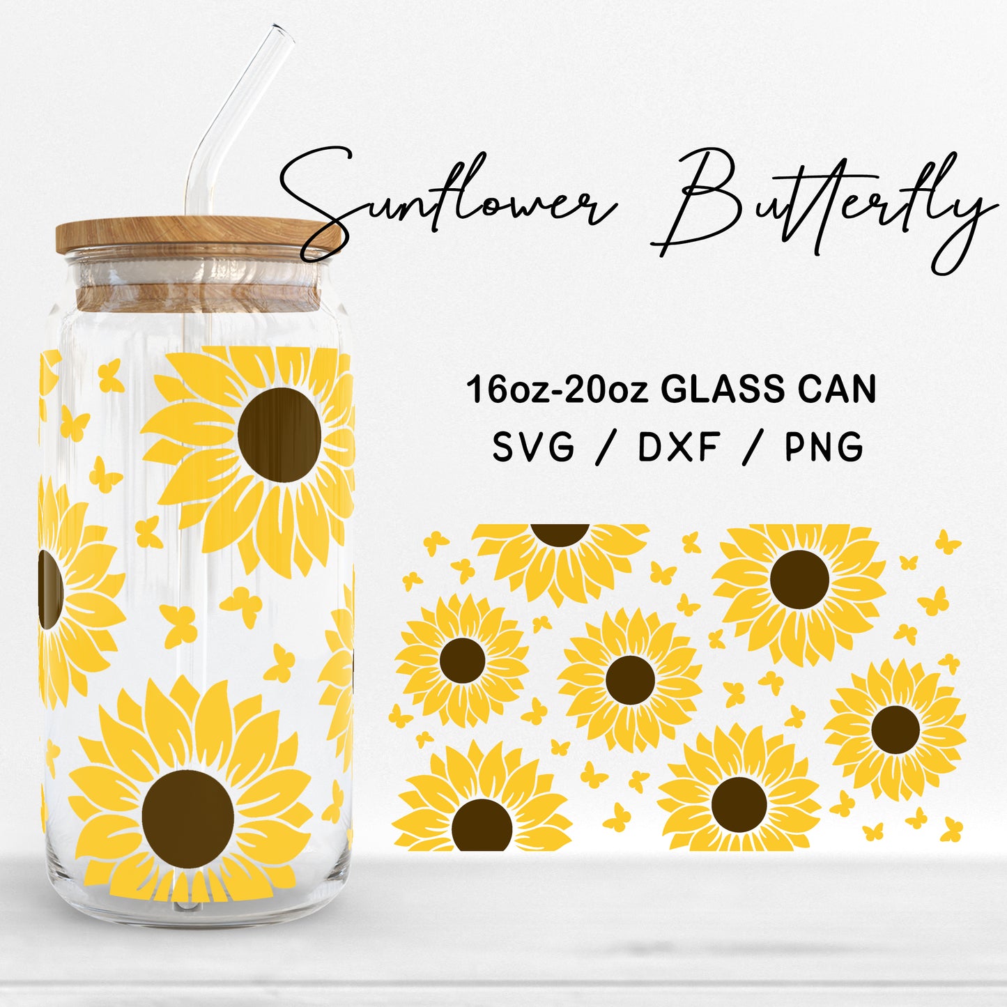 Glass 16oz | 20oz Sunflower Butterfly Svg Files, Sunflower Glass Wrap, Butterfly Clipart, Sunflower Butterflies Print SVG Digital Download