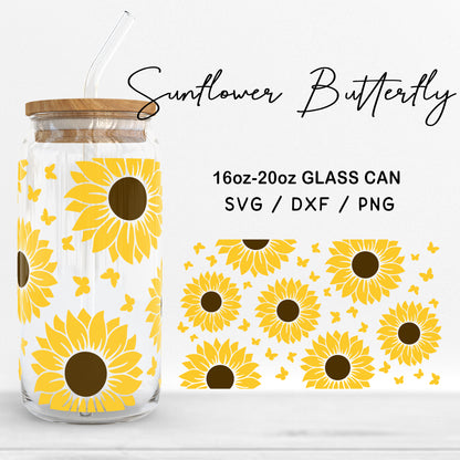 Glass 16oz | 20oz Sunflower Butterfly Svg Files, Sunflower Glass Wrap, Butterfly Clipart, Sunflower Butterflies Print SVG Digital Download