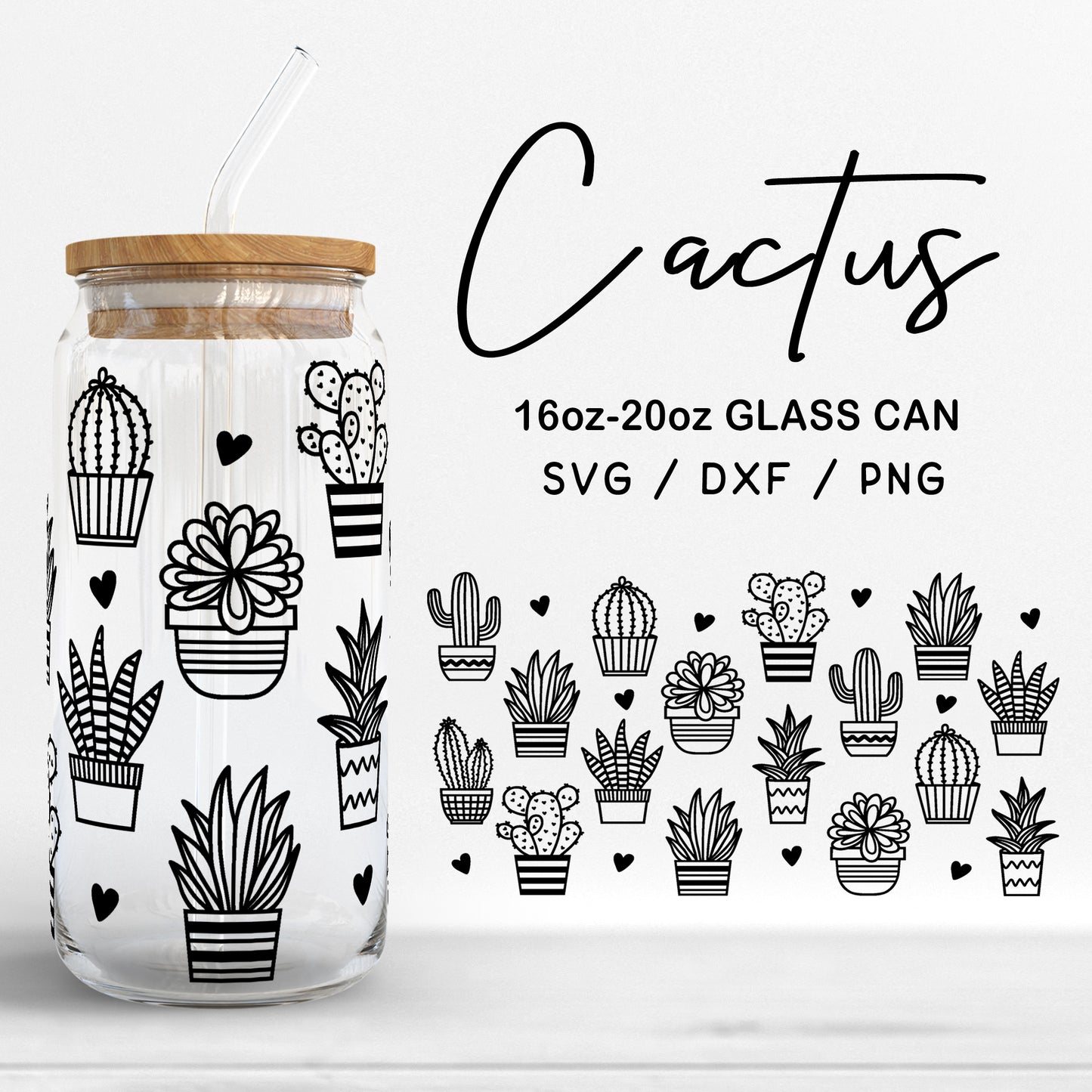 Glass 16oz | 20oz Cactus Svg Files, Cactus Print Glass Svg, Botanical Clipart, Cactus Pattern Glass Can Wrap Cut Files Digital Download