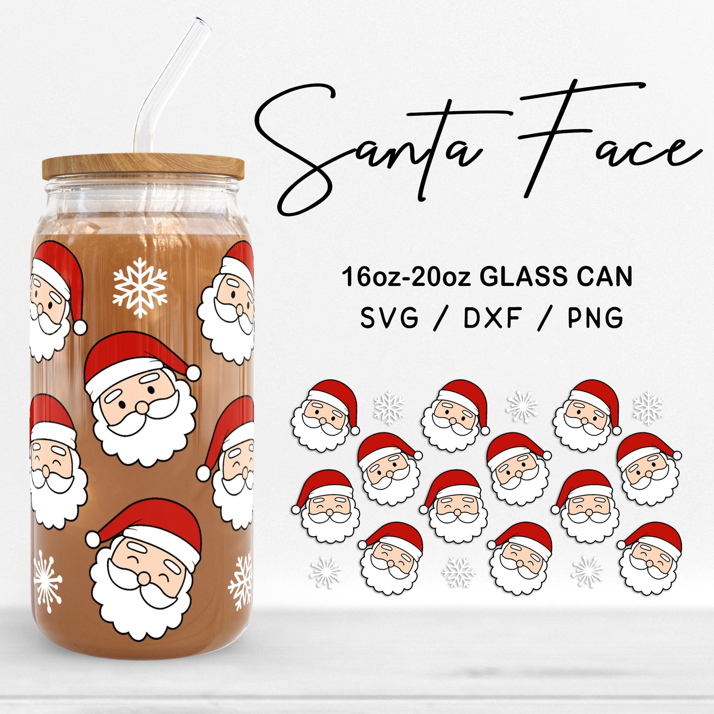 Glass 16oz | 20oz Santa Face Svg Files, Christmas Can Glass Wrap, Cute Santa Svg, Xmas Glass SVG, Santa Claus Cut files Digital Download