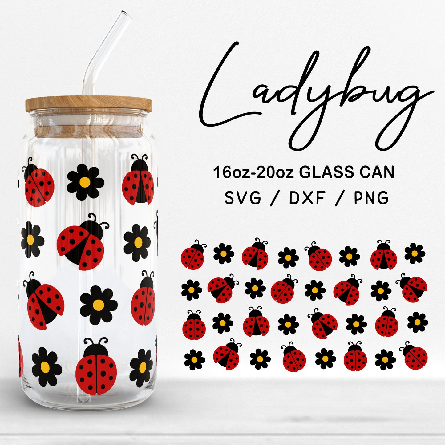 Glass 16oz | 20oz Ladybug Svg Files, Daisy Flower Svg, Ladybug Print Svg, Ladybugs Pattern Glass can Wrap Cut files Digital Download