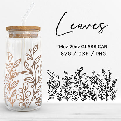 Glass 16oz | 20oz Leaves Svg Files, Line Leaf Pattern Glass Can Wrap, Botanical Clipart, Leaf Print Svg Cut files Digital Download