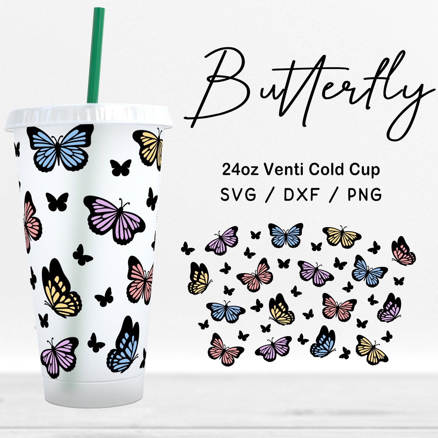 24oz Venti Cold Cup Butterfly Svg Files, Tumbler Butterflies Pattern Png, Butterfly Clipart, Butterfly print wrap Cut Files Digital Download