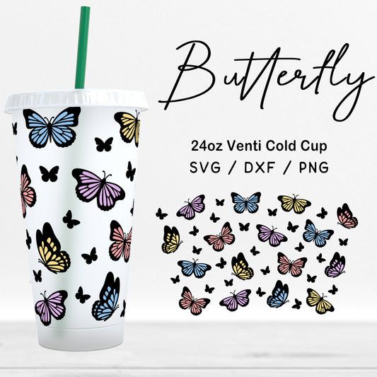 24oz Venti Cold Cup Butterfly Svg Files, Tumbler Butterflies Pattern Png, Butterfly Clipart, Butterfly print wrap Cut Files Digital Download