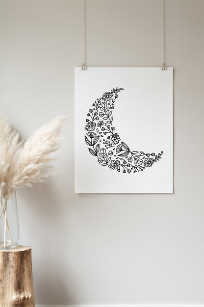 Floral moon Svg, Crescent Moon with Flowers Vector, boho Shirt, Celestial PNG, Wildflower Clipart, Flower Moon Cut Files Digital Download