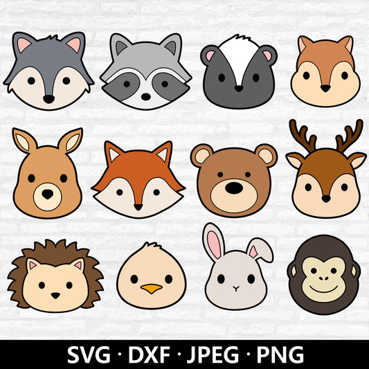 Woodland Animal Face SVG, Cute Animal PNG bundle, Forest Animal Dxf files, Wolf Raccoon Skunk Kangaroo Fox Bear Cut files Digital Download