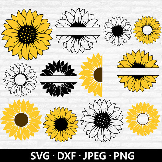 Sunflower SVG Bundle, Sunflower Vector, Floral Cutting file, Split Monogram Svg, Half Sunflower Clipart, flower Cut files Digital Download