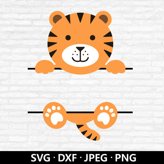 Tiger Monogram SVG, Animal Name Frame PNG, Cute Tiger clipart, Kids Shirt SVG, Split monogram Dxf, Tiger cut files Digital Download