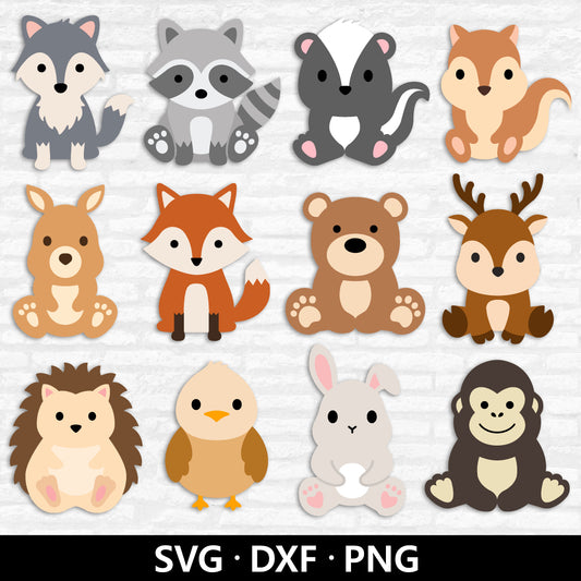 Woodland Animals SVG, Cute Animal SVG bundle, Forest Animal Clipart, Wolf Raccoon Skunk Kangaroo Fox Bear Deer Cut files Digital Download