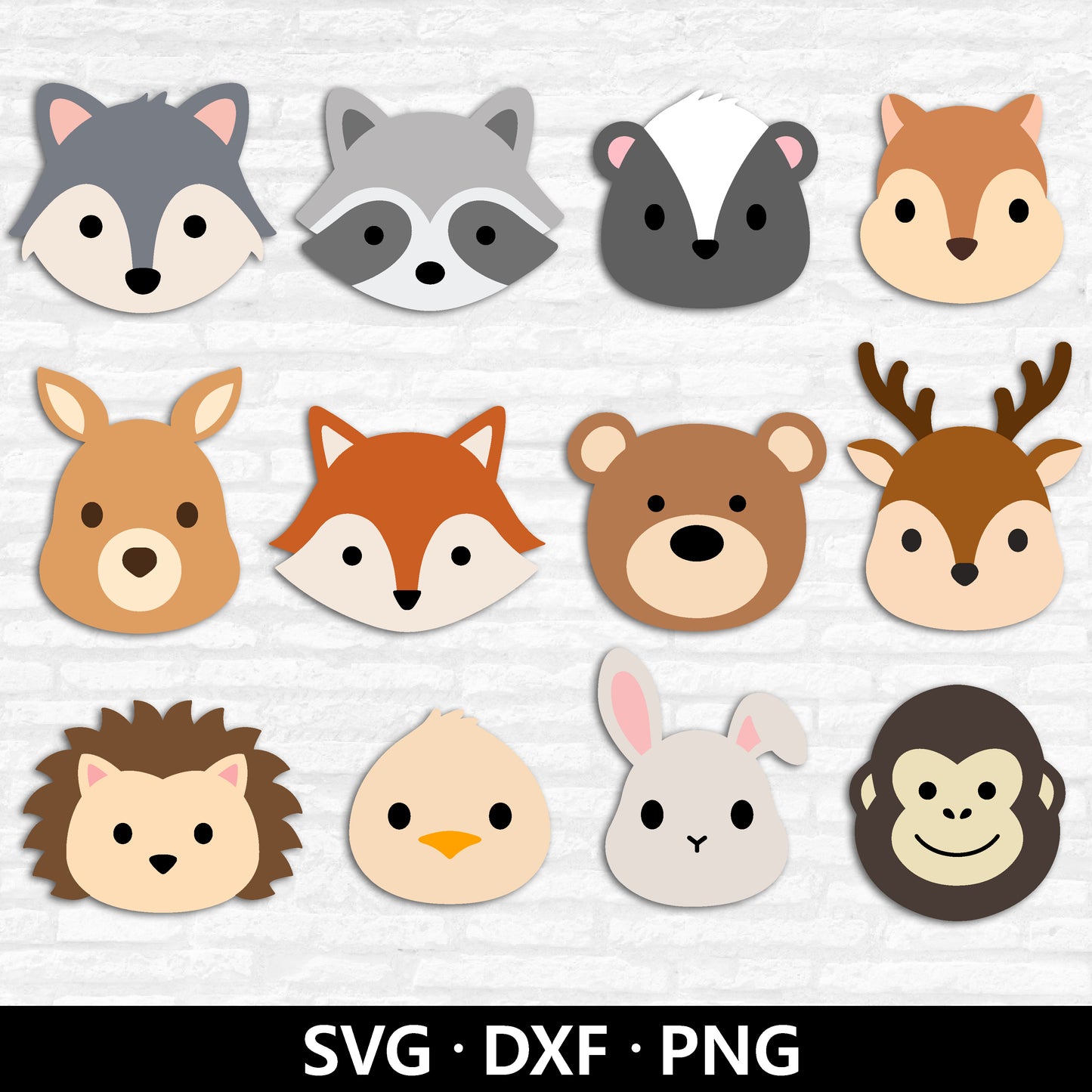 Woodland Animal Face SVG, Cute Animal SVG bundle, Forest Animal PNG, Wolf Raccoon Skunk Kangaroo Fox Bear Deer Cut files Digital Download