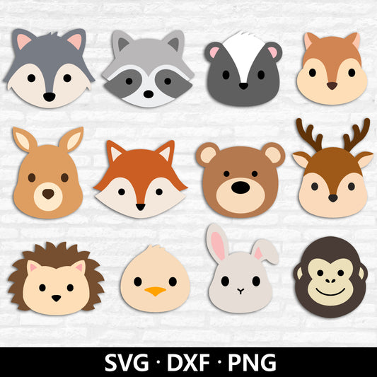 Woodland Animal Face SVG, Cute Animal SVG bundle, Forest Animal Cut files, Wolf Raccoon Skunk Kangaroo Fox Bear Deer Bunny Bird Silhouette