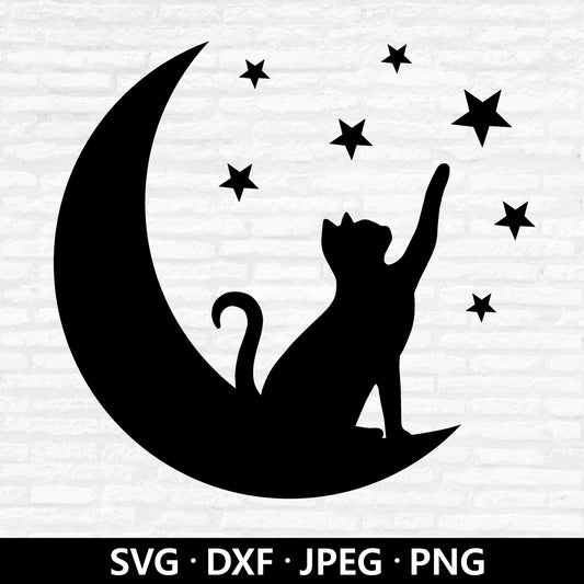 Moon and Cat SVG, Cat SVG Files for Cricut, Moon Star Animal Svg, Cat Silhouette, Cat With Star Svg, Cat Clipart Digital Download