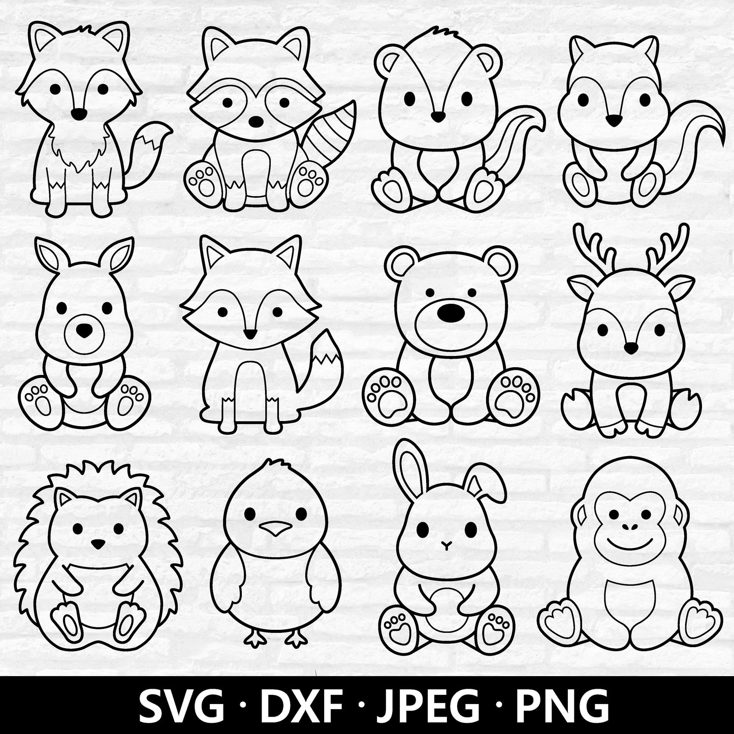 Woodland Animal Outline SVG, Cute Animals SVG bundle, Wolf Raccoon Kangaroo Hedgehog Fox Bear Deer Bunny Bird cutting files Digital Download