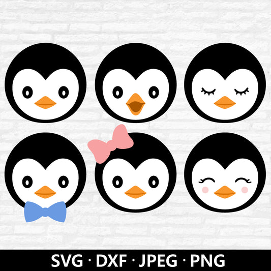 Penguin Face SVG Bundle, Cute Penguin Clip Art, Penguins Vector, Winter Animal Layered files, Christmas animals Cut files Digital Download