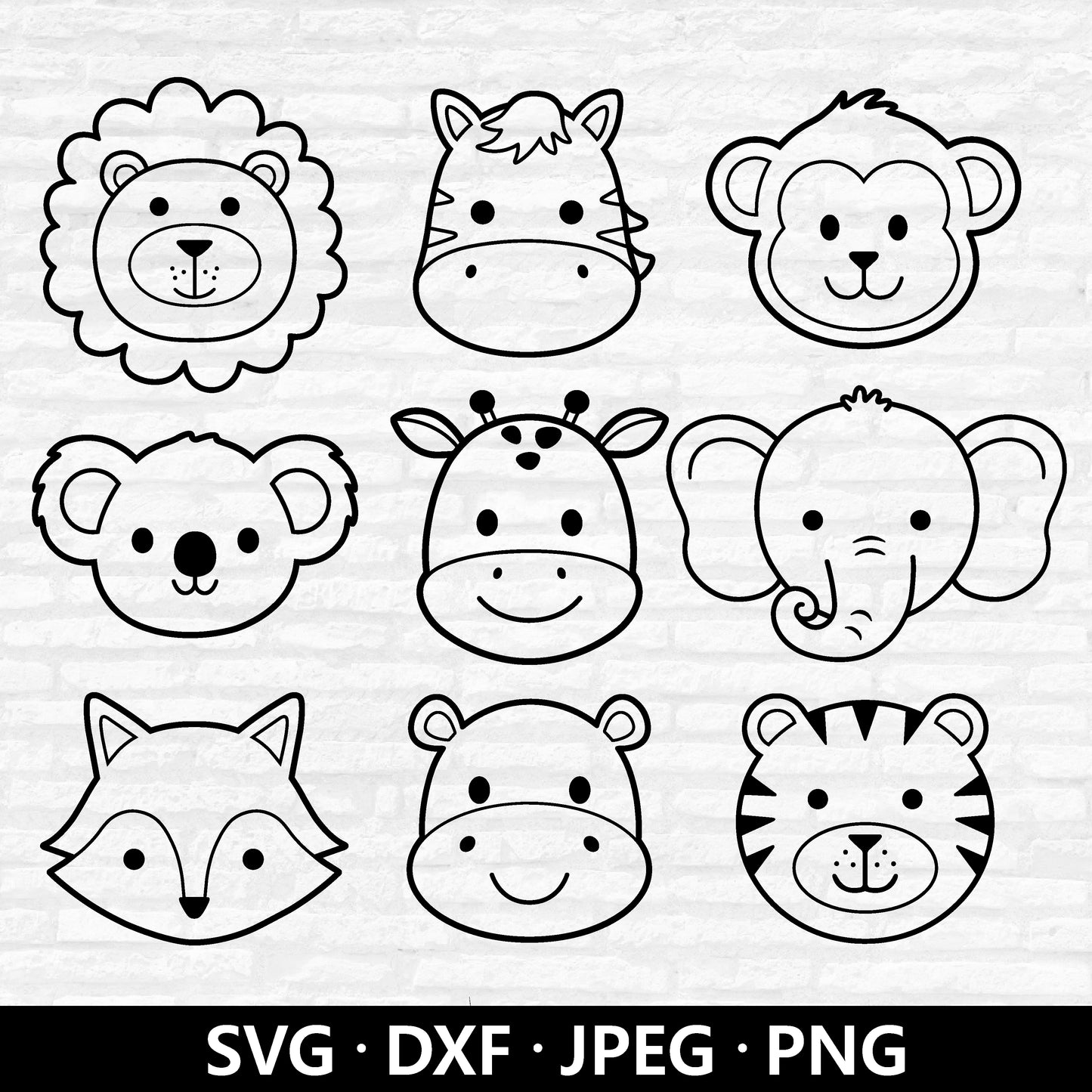 Safari Animal Faces SVG, Animal Face Outline Clipart, Jungle Animal head cut file, Lion Zebra Monkey Koala Giraffe Elephant Digital Download