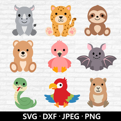 Jungle Animal SVG, Cute Animal Clipart, Safari SVG bundle, Bear Flamingo Snake Capybara Sloth Bat Cheetah cutting files Digital Download