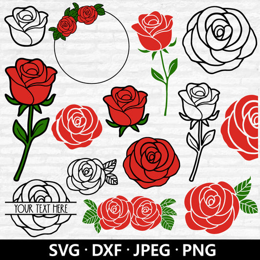 Rose SVG Bundle, Rose Outline SVG, Flower Dxf, Split Monogram Png, Half Rose Vector, Rose Clipart, Rose Cutting files Digital Download