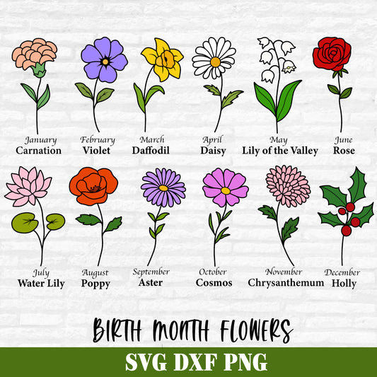 Birth Month Flowers Svg, Flower Layered Svg Bundle, Botanical Floral Clipart, Wildflower PNG, Birthday Flowers Cut files Digital Download