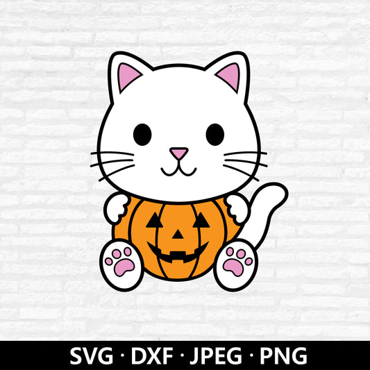 Halloween Cat SVG, Cute Cat with Pumpkin Vector, Halloween Day Clipart, Baby Kids Animal Shirt, Pumpkin face Cut files Digital Download