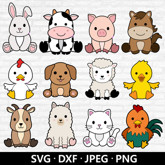 Farm Animals SVG Bundle, Nursery Animal PNG, Cute Animals Clipart, Cow Horse Rabbit Sheep Pig Chicken Duck Puppy Cut files Digital Download